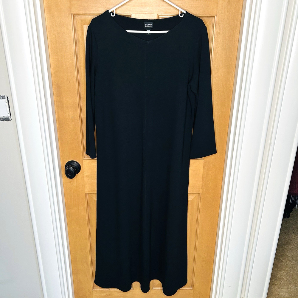 Eileen Fisher Black Midi Maxi Dress L Viscose Wool Minimalist Capsule Lagenlook